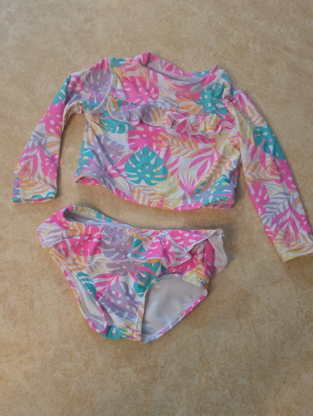 Girls' Tropical Print Long-Sleeve Rash Guard Bikini Set - Pink/Teal